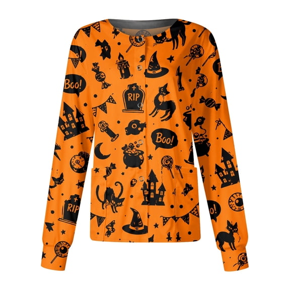 Domzest Women's Halloween Scrub Jacket Halloween Print Button Front Medical Workwear Jacket Funny Long Sleeve Nurse Uniform Yellow L