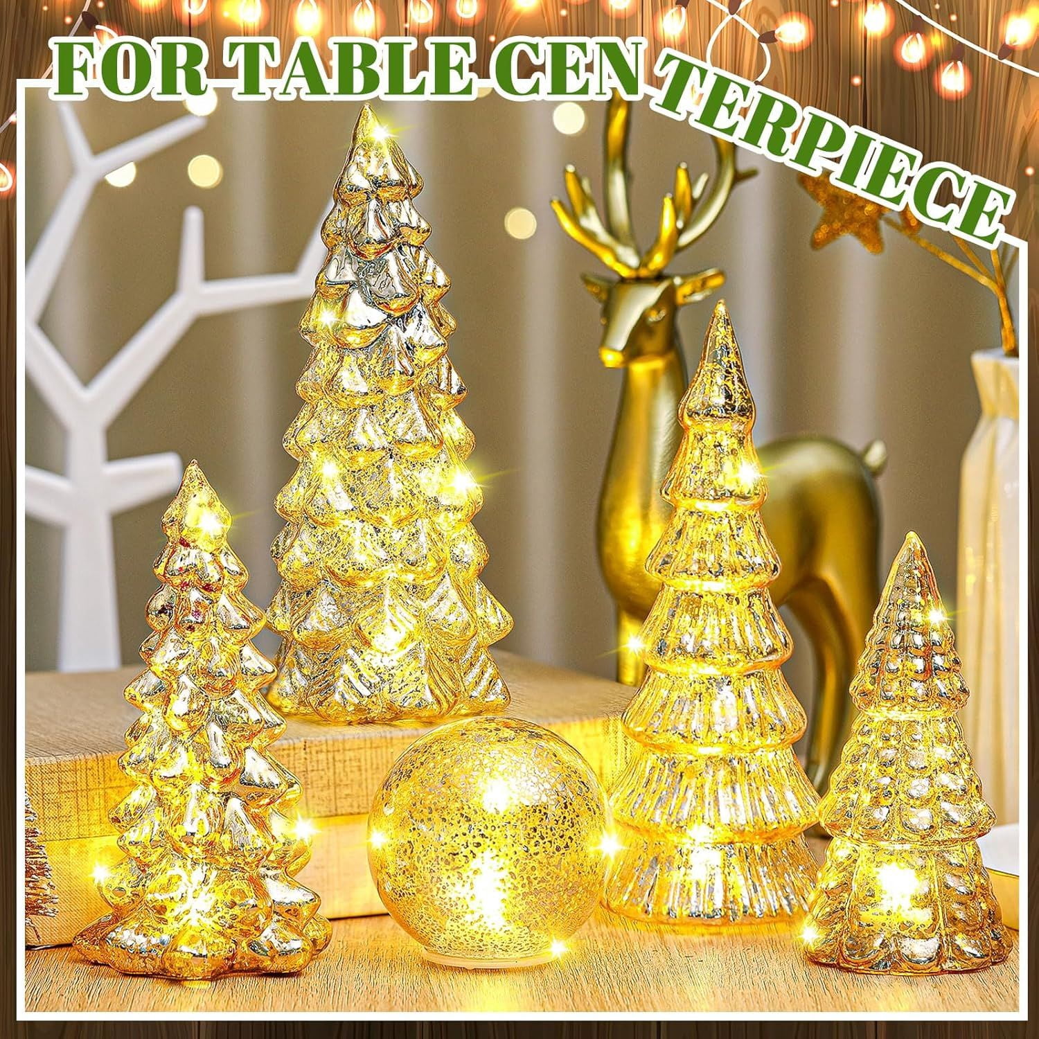 6 Pcs Mercury Glass Christmas Tree for Tabletop Light up Figurine Christmas Tree Mercury Cracked Glass Globe with Light for Xmas Decor Home Party Centerpiece Mantel Gift