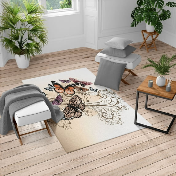 Butterfly Turkish Area Rug, Monarch Butterflies Vintage Damask Inspired Design, Soft Carpet for Living Room Decor with Distressed Look, 4' X 5.7', Pastel Brown, by Ambesonne