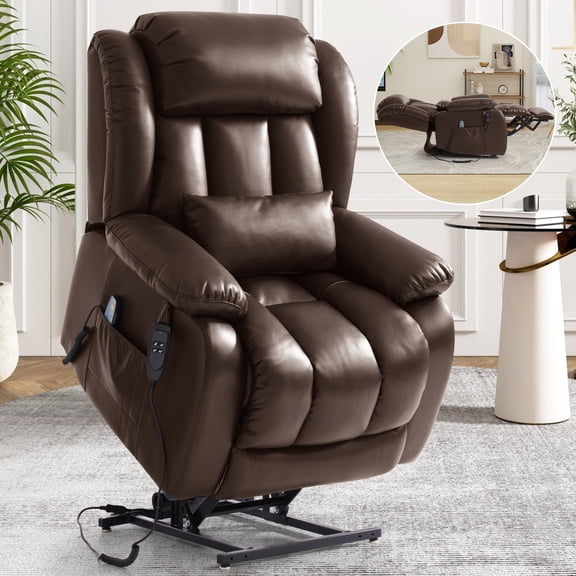 INGALIK Power Lift Recliner Chair Dual Motor, Infinite Position Lay Flat Recliners for Adult & Elderly with Heat & Massage, Large, Type-C Charge, Lumbar Pillow for Living Room, Leather (Brown)