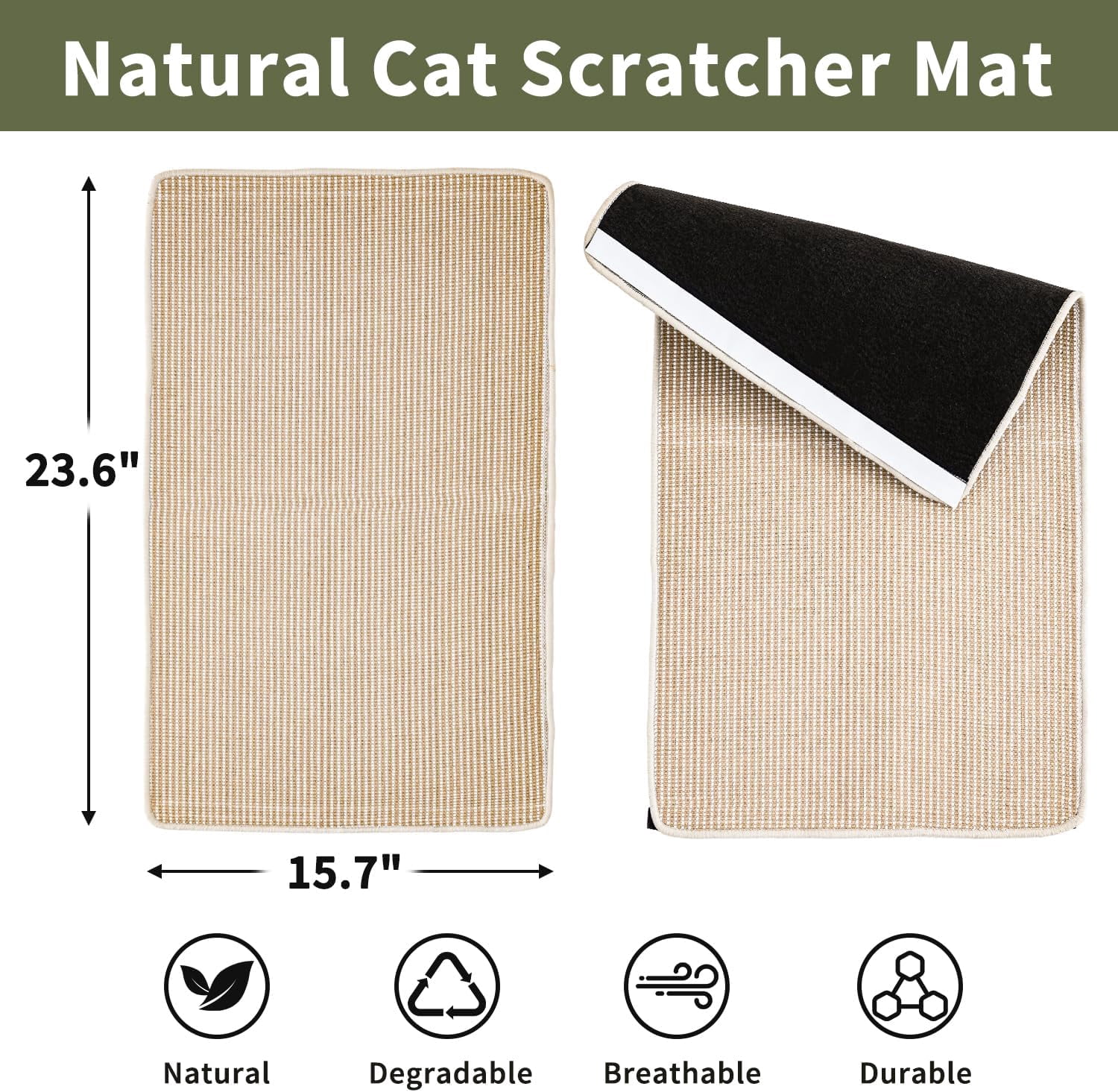 THBN Cat Scratcher Mat, 23.6"x 15.7" Natural Sisal Cat Scratch Mat with Velcro Tape, Scratching Rug Pad for Indoor Cats, Furniture Protector, Floor Carpet, Wall Pad, M, Beige