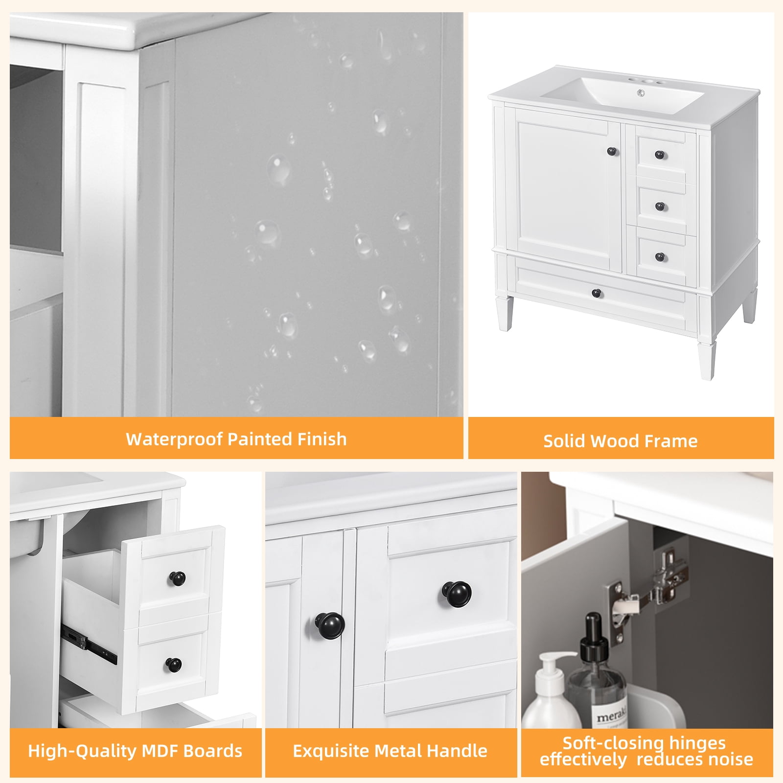 Euroco 30 Inch Bathroom Vanity with Ceramic Sink, White Bathroom with 3 Drawers, Solid Wood Frame Modern Bathroom Storage Cabinet , Ideal for Home