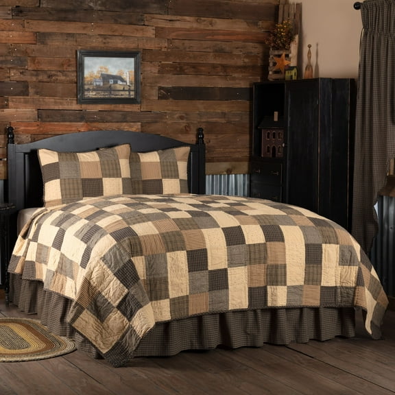 VHC Brands Kettle Grove 3 Piece California King Quilt Set Primitive Country Patchwork Design, Country Black and Creme