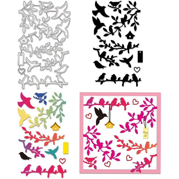 Troqueles de metal con diseño de pájaros en una rama. Ideales para manualidades, álbumes de recortes, repujado, fotografía, tarjetas y decoración. Grosor: 0,8 mm.