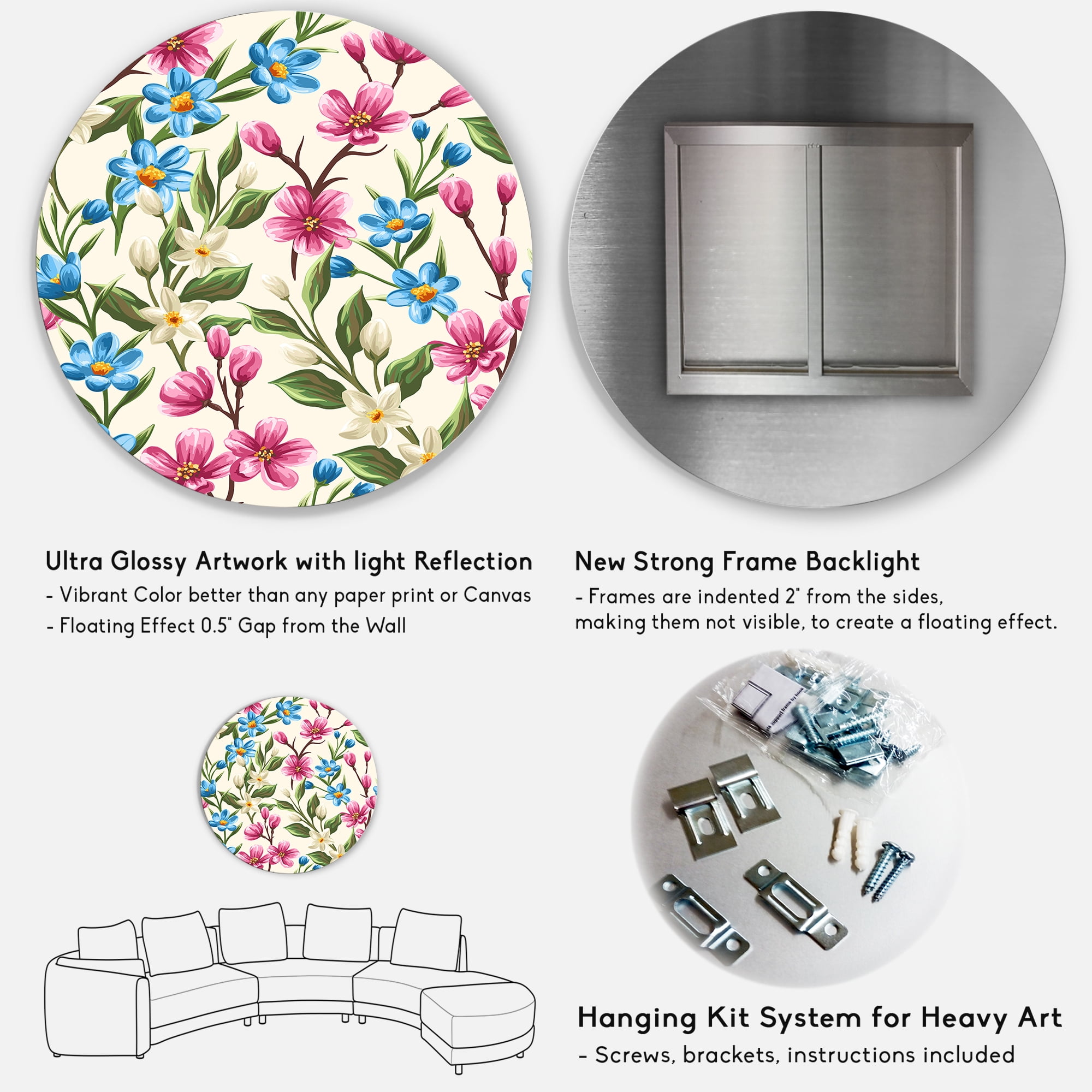 Designart 'Vintage Blue and Pink Wildflowers' Traditional Circle Metal Wall Art 11x11 - Disc of 11