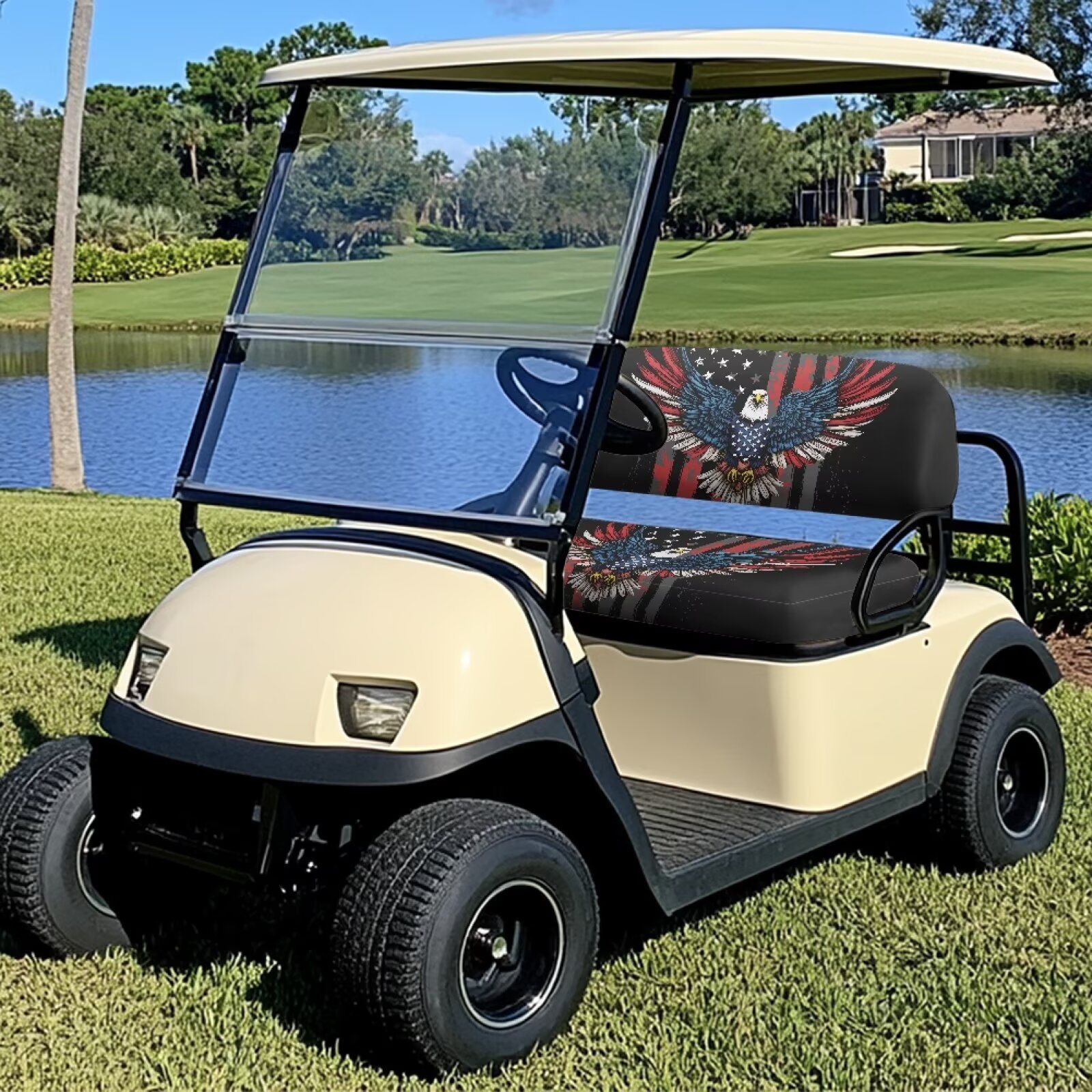 Pzuqiu Eagle Print Golf Cart Seat Covers 2 Passenger Breathable Universal American Flag Golf Cart Seat Blanket Portable Easy Install and Clean Suitable for All Seasons