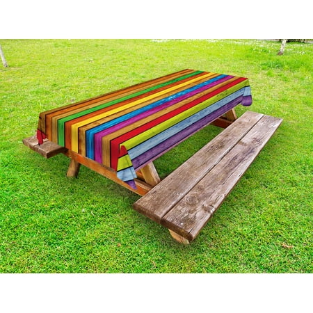 Abstract Outdoor Tablecloth, Vibrant Painted Wood Vertical Planks as Background Cheerful Artistic Rainbow Image, Decorative Washable Fabric Picnic Tablecloth, 58 X 120 Inches, Multicolor, by