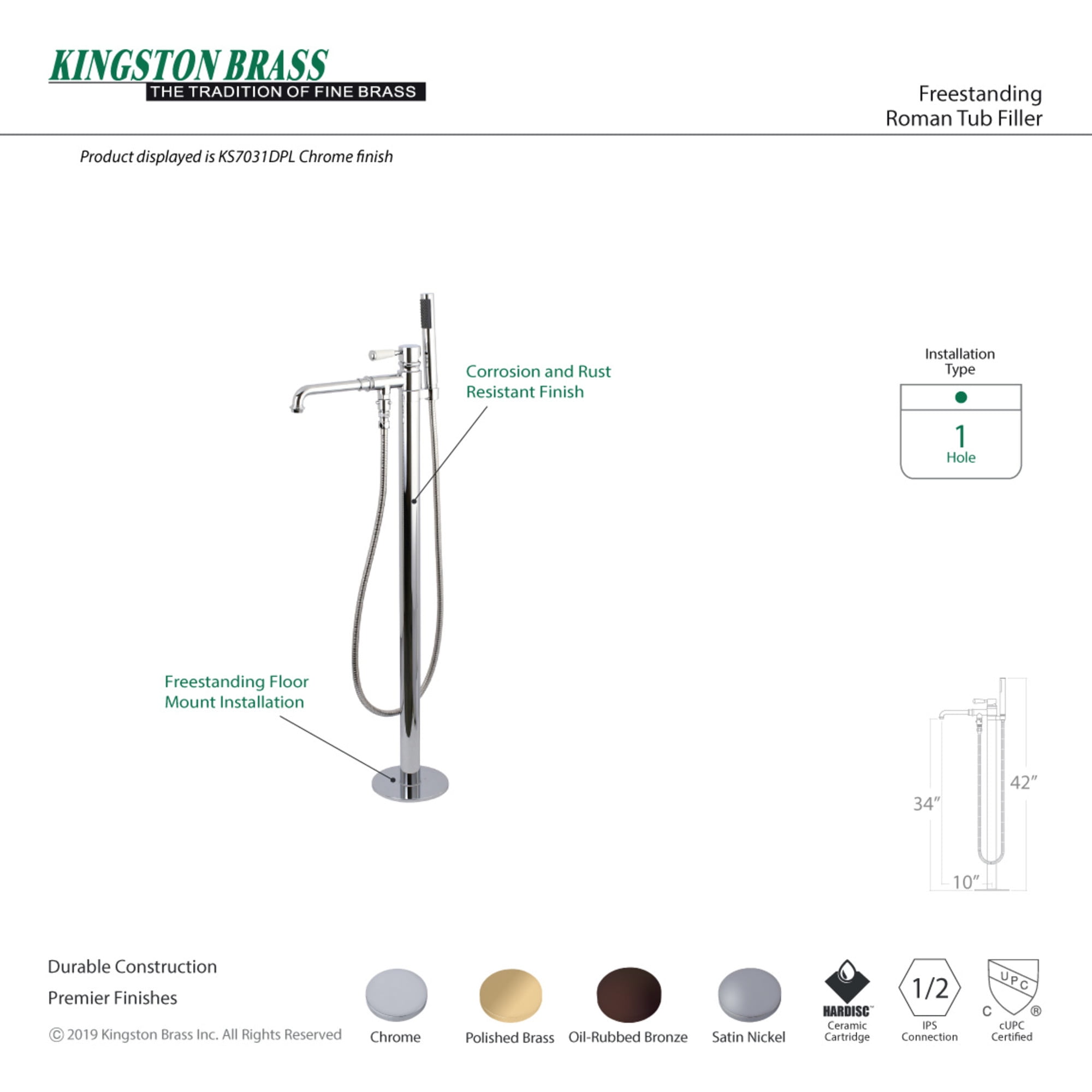 Kingston Brass KS7032DPL Paris Freestanding Tub Faucet with Hand Shower, Polished Brass