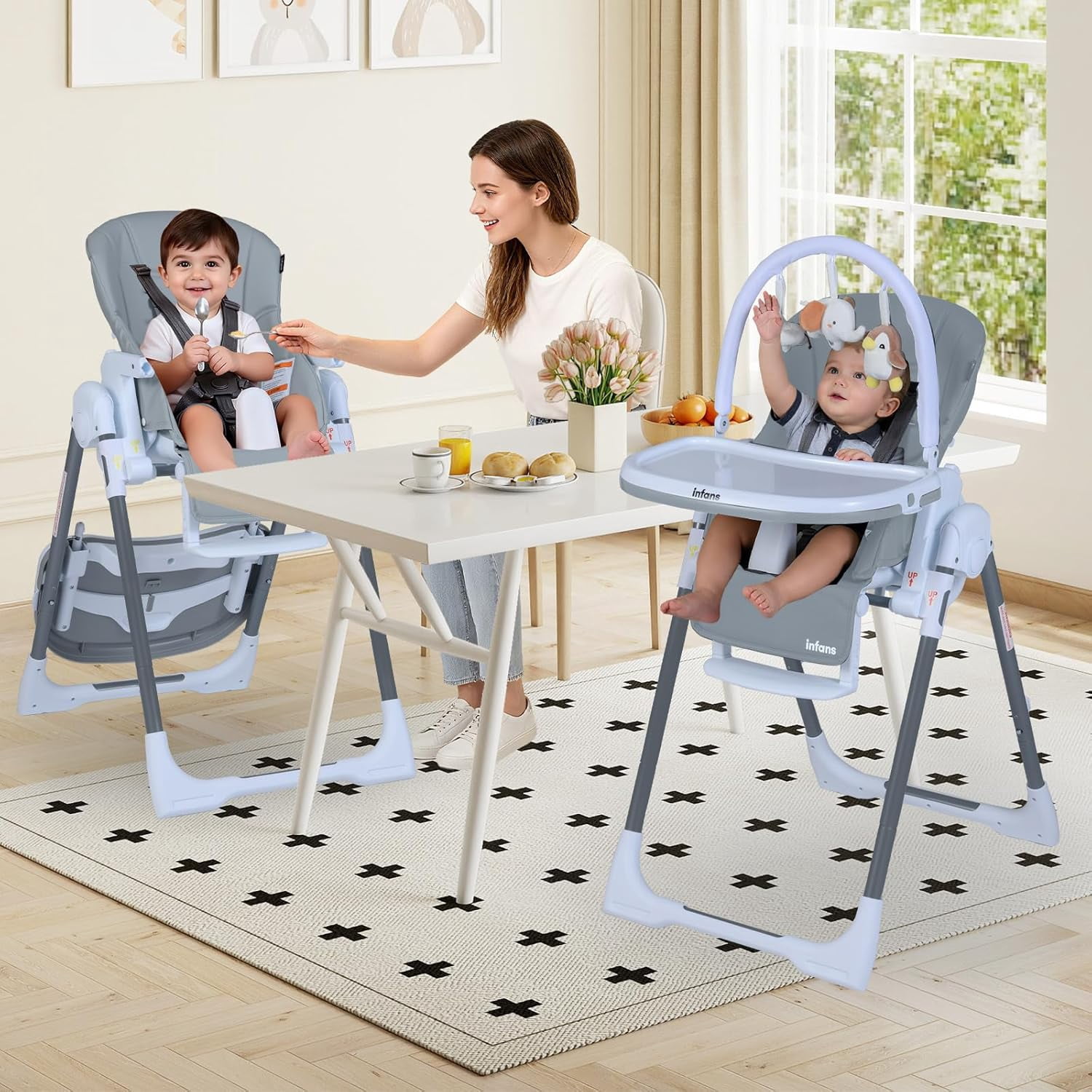 INFANS High Chair for Babies and Toddlers, Foldable Highchair with 7 Different Heights 4 Reclining Backrest Seat 3 Setting Footrest, Removable Tray Built-in Rear Wheels with Locks