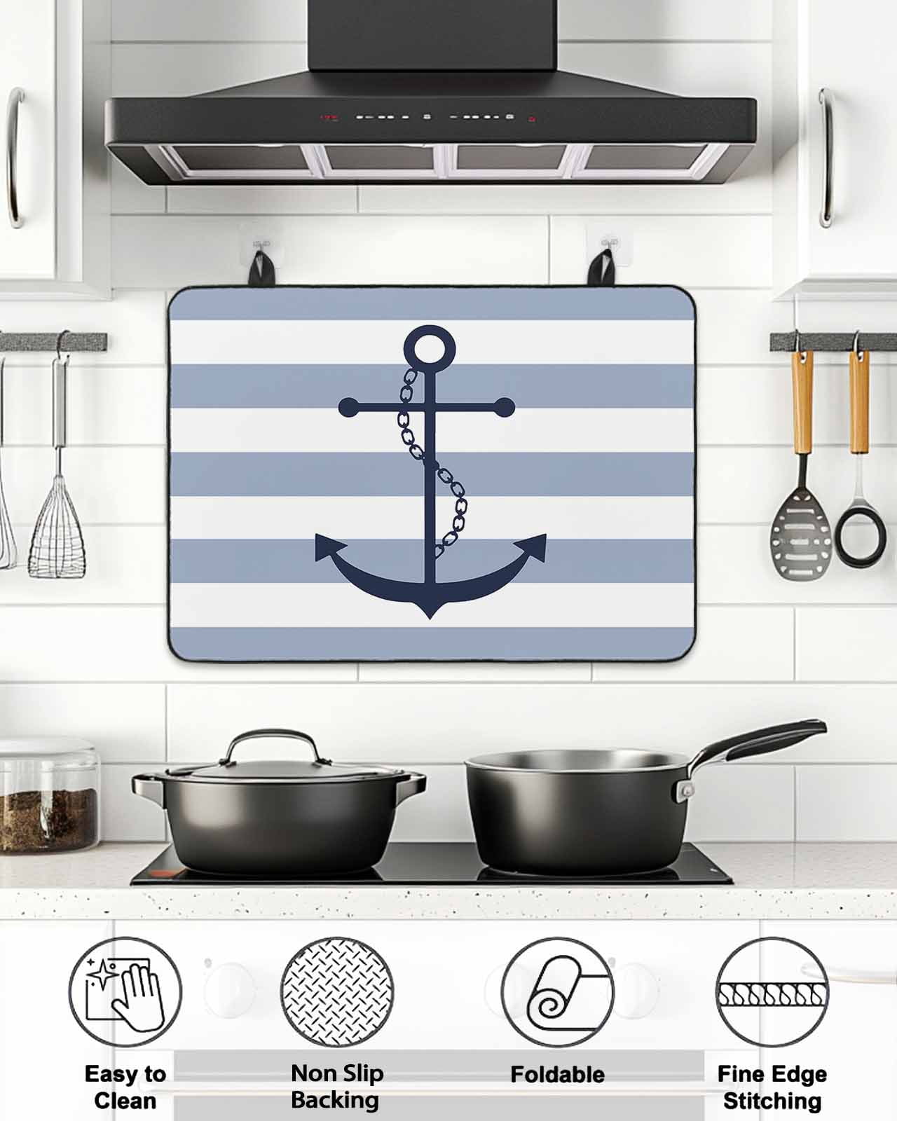 Stove Top Covers for Electric Stove,Blue White Striped Glass Stovetop Cover Protector,Navy Blue Beach Nautical Anchor Ocean Coastal Induction Cooktop Protector Oven Mat for Kitchen Countertop 24"x21"
