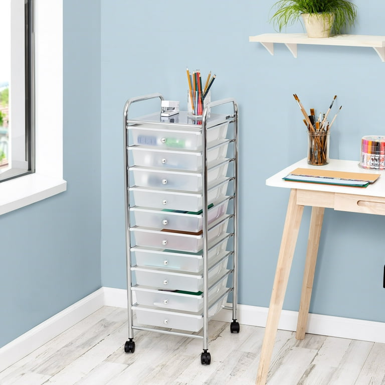Hello Hobby 10-Drawer Multi-Color Rolling Craft Cart, Clear/Chrome