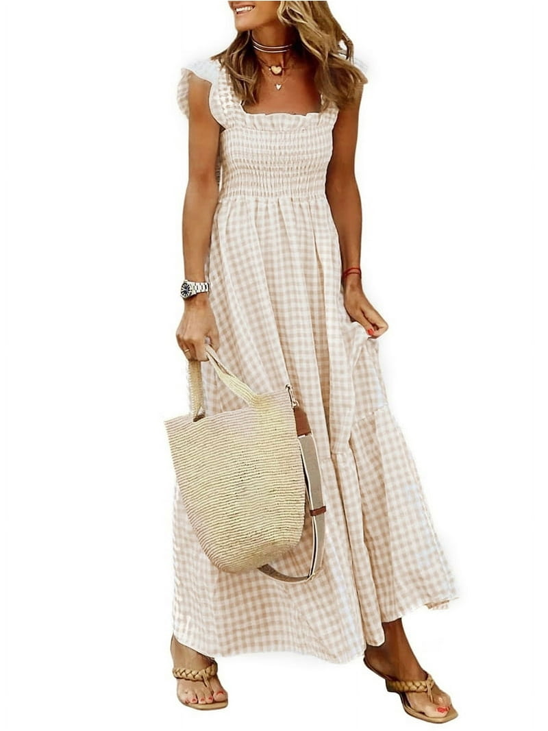 Women'S Retro Plaid Smocked Dress Spaghetti Strap Flounce Long Dress Cream  White XXL - Walmart.com