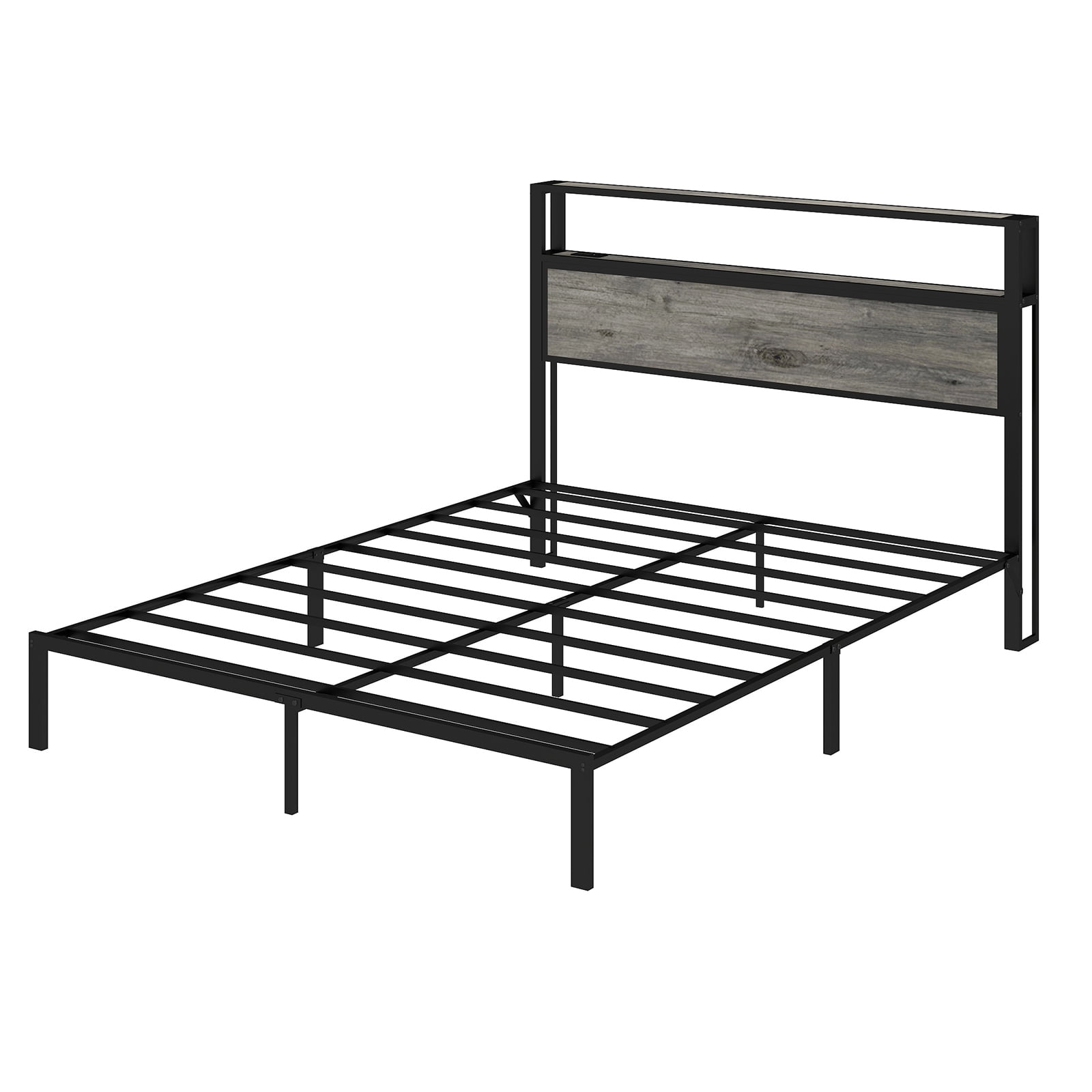 Leumius Full Size Bed Frame with Headboard, Platform Bed with RGB LED Light & Charging Station & Under Bed Storage Space, Easy Assembly, Gray