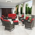 thumbnail image 2 of MeetLeisure 11 Pieces Outdoor Furniture Patio Furniture Set with One 3-Seat Sofa, Four Swivel Rocking Chairs,Two Rocking Chairs, Two Ottomans, Two Side Tables, Red, 2 of 14