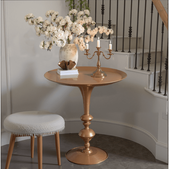 Vintage Gold End Table with Round Top, 29.3 Inch Metal Accent Table for Living Room, Bedroom or Entryway Decor, Handcrafted Antique Finish Side Table