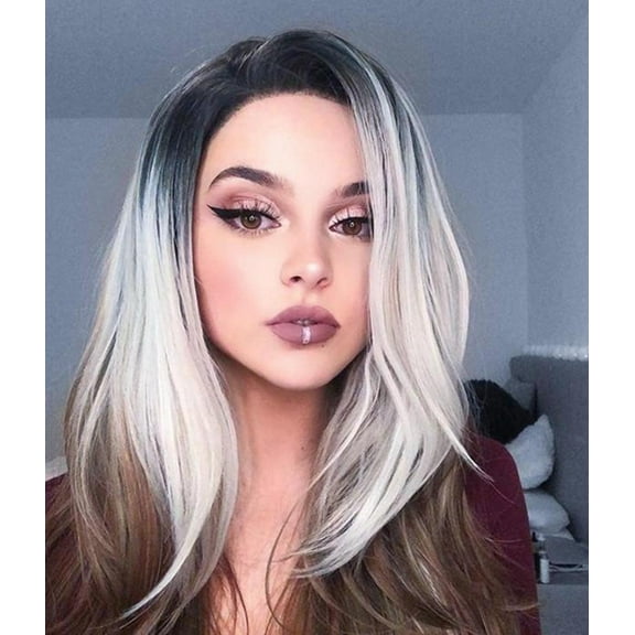 WXLCISI Long Wavy Ombre White to Brown Wigs for Women Synthetic Hair Heat Resistant Ombre Wig for Daily Party Use-21Inches