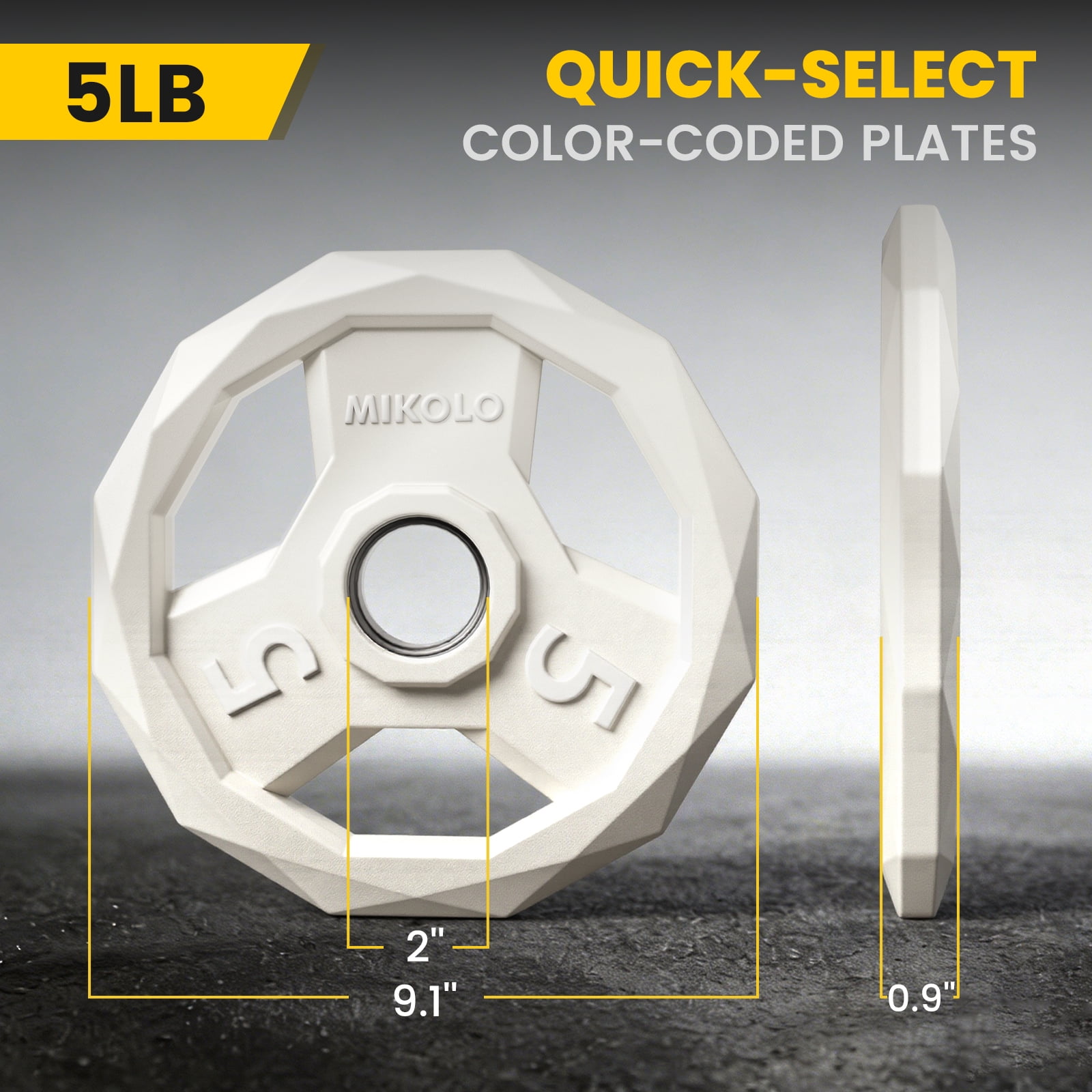 MIKOLO Color Coded Weight Plate 2-Inch Rubber Coated Olympic Grip Plate for Barbell, Solid Cast Iron for Strength Training, Weightlifting, Crossfit, Home Gym, 10LB, 5LB Pair