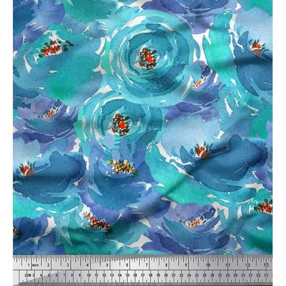 Soimoi Green Cotton Duck Fabric Flower Watercolor Printed Fabric 1 Yard 42 Inch Wide