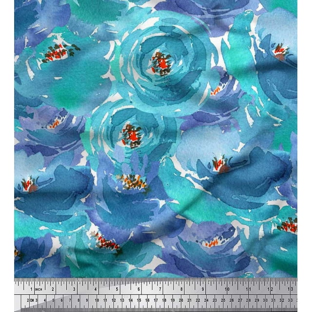 Soimoi Green Poly Georgette Fabric Flower Watercolor Decor Fabric Printed BTY 52 Inch Wide