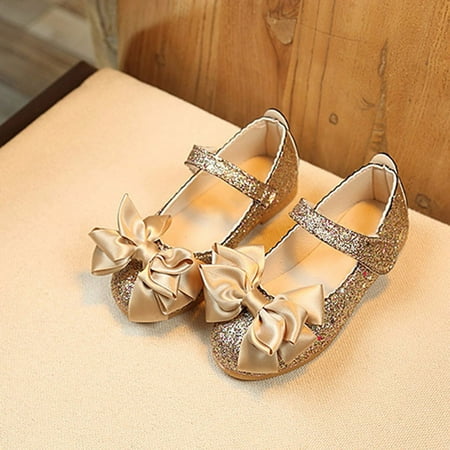 BYHONG Children Girl Fashion Princess Bowknot Dance Nubuck Leather Single Shoes Comfort First Walker Shoes Gold 29