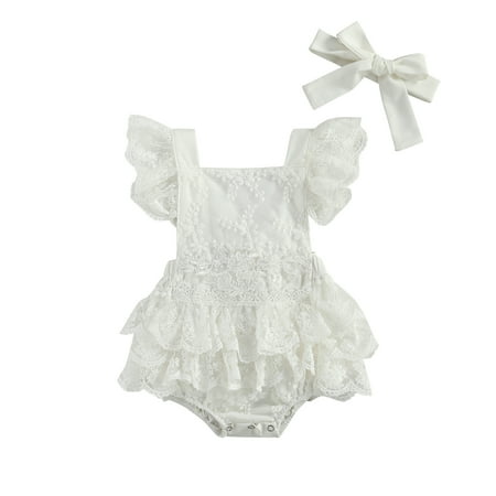 

Qiylii Baby Girls Embroidery Flroal Lace Bodysuit Sleevless Romper+Headband