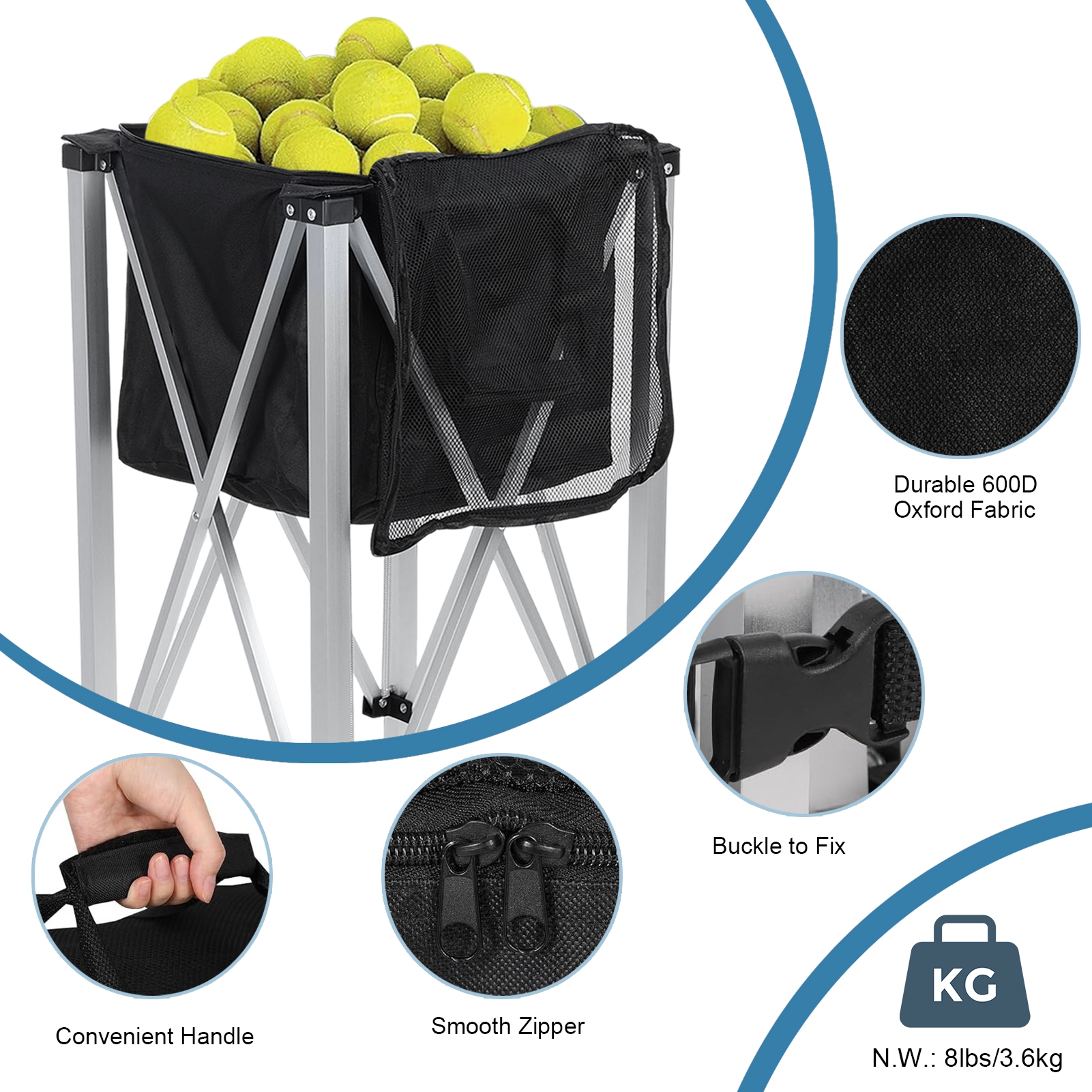 solautey Tennis Ball Hopper for 160 Balls, Tennis Ball Basket for Serve Training, Foldable Tennis Ball Cart with Storage Bag, Portable Pickleball Baseball Hopper Basket