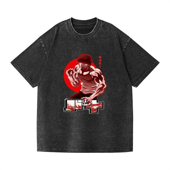 Duoxingbao Cross-border washed T-shirt anime Baki Fanma Baki casual cotton summer short-sleeved men and women