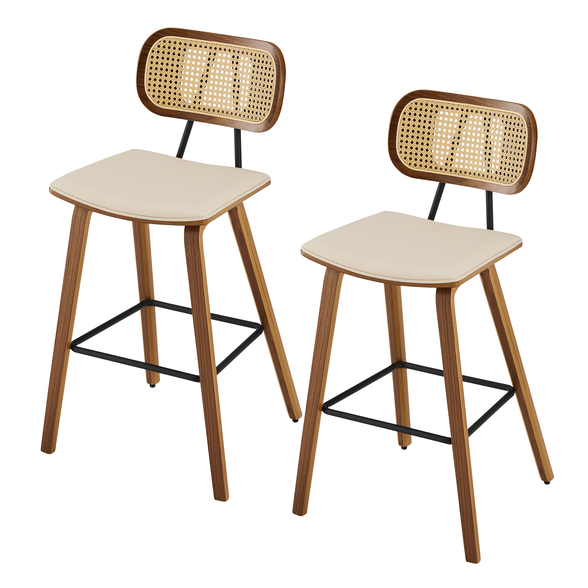27.2” Counter Height Bar Stools with Rattan Back Set of 2, Mid Century