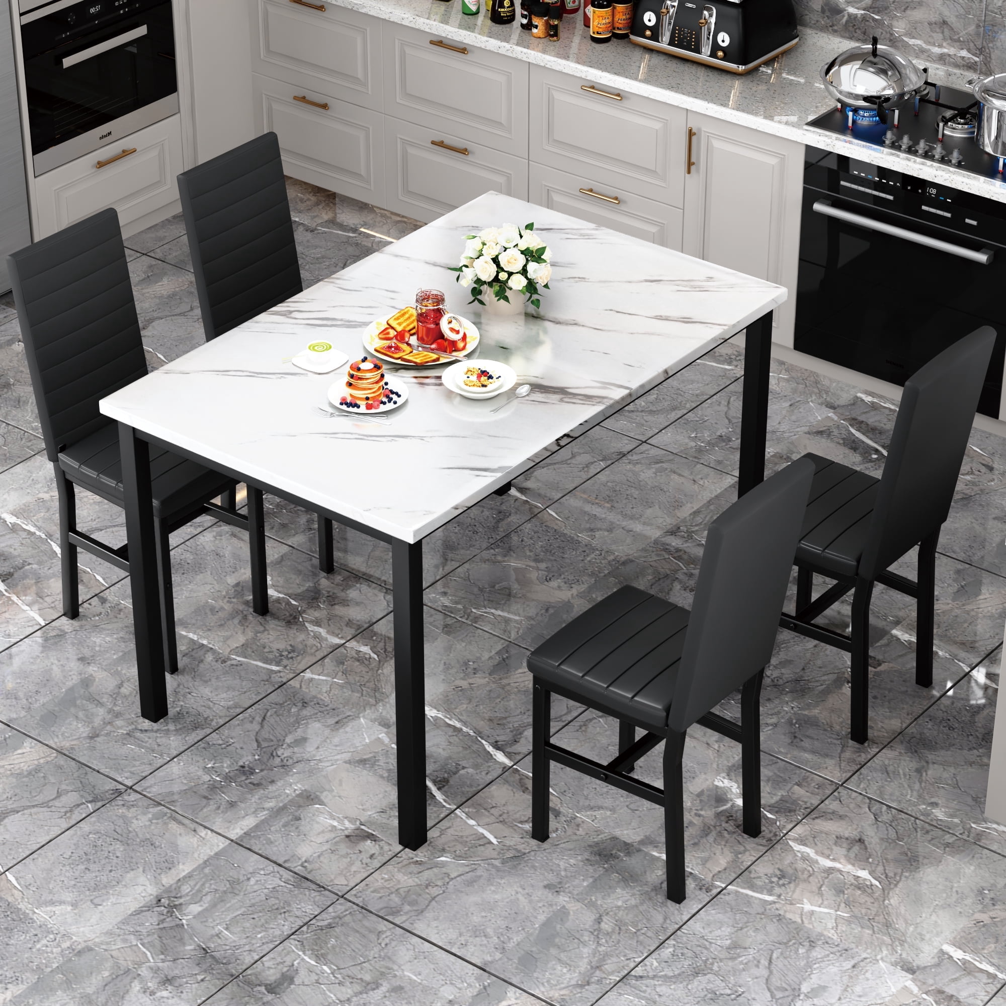 AWQM 5 Piece Dining Table Set, Faux Marble Kitchen Table and Chairs for 4, Dining Room Table Set with 4 PU Leather Chairs, White