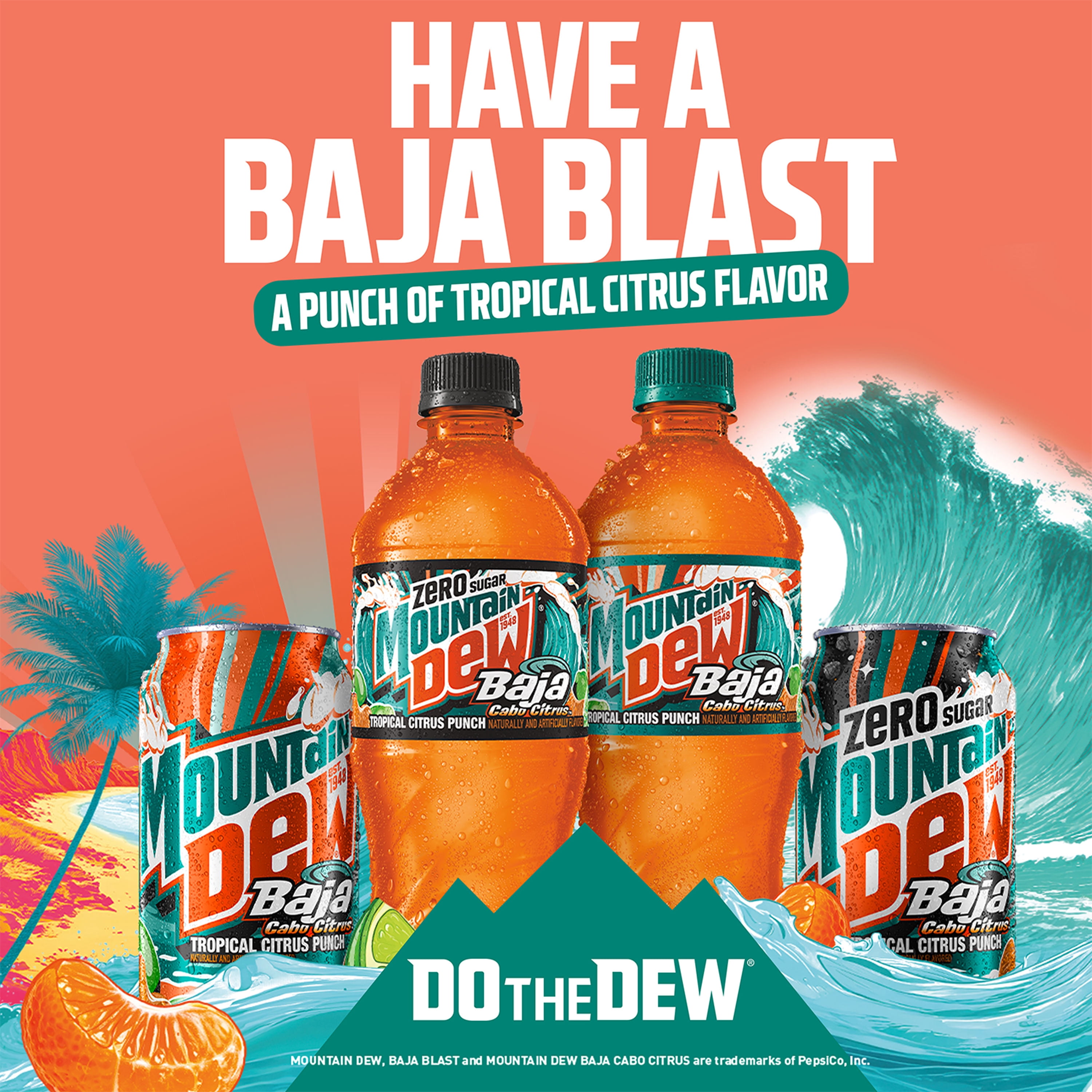 Mountain Dew Zero Sugar Baja Blast Cabo Citrus Soda, 12 fl oz Cans, 12 pack