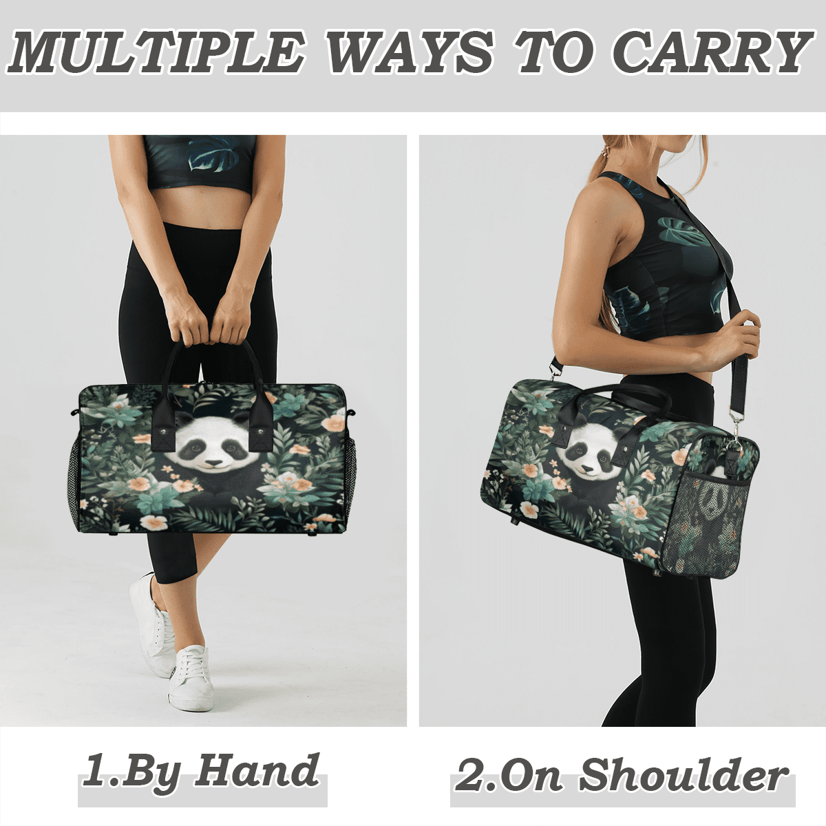 Herdesigns Panda Gym Bag for Women Men, Travel Duffle Bag Lightweight Waterproof Carry on Weekender Overnight Tote for Dance Cheer Sport, Panda Flowers