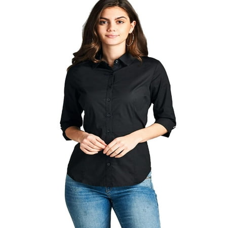 Made by Olivia Women's Basic Slim Fit Stretchy 3/4 Sleeve Cotton Button Down Collared Shirt (S-3X) Black