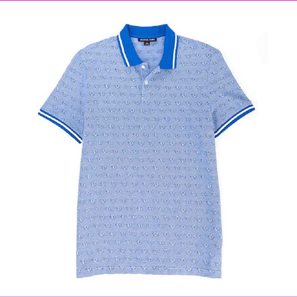 Michael Kors Floral Print Jacquard Short-Sleeve Polo Shirt Grecian Blue XL  