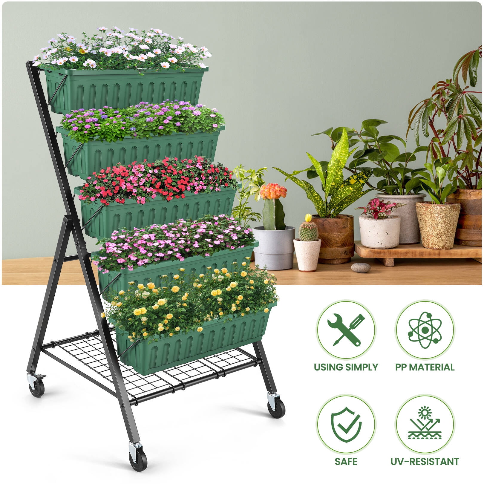 Funcid 4 ft Vertical Garden with Removable Locking Wheels 5-Tier Raised Garden Bed Planter Box for Patio Outdoor Planting Flower Herb Freestanding Garden Planter with Storage Shelf Green, 30"×26"×48"
