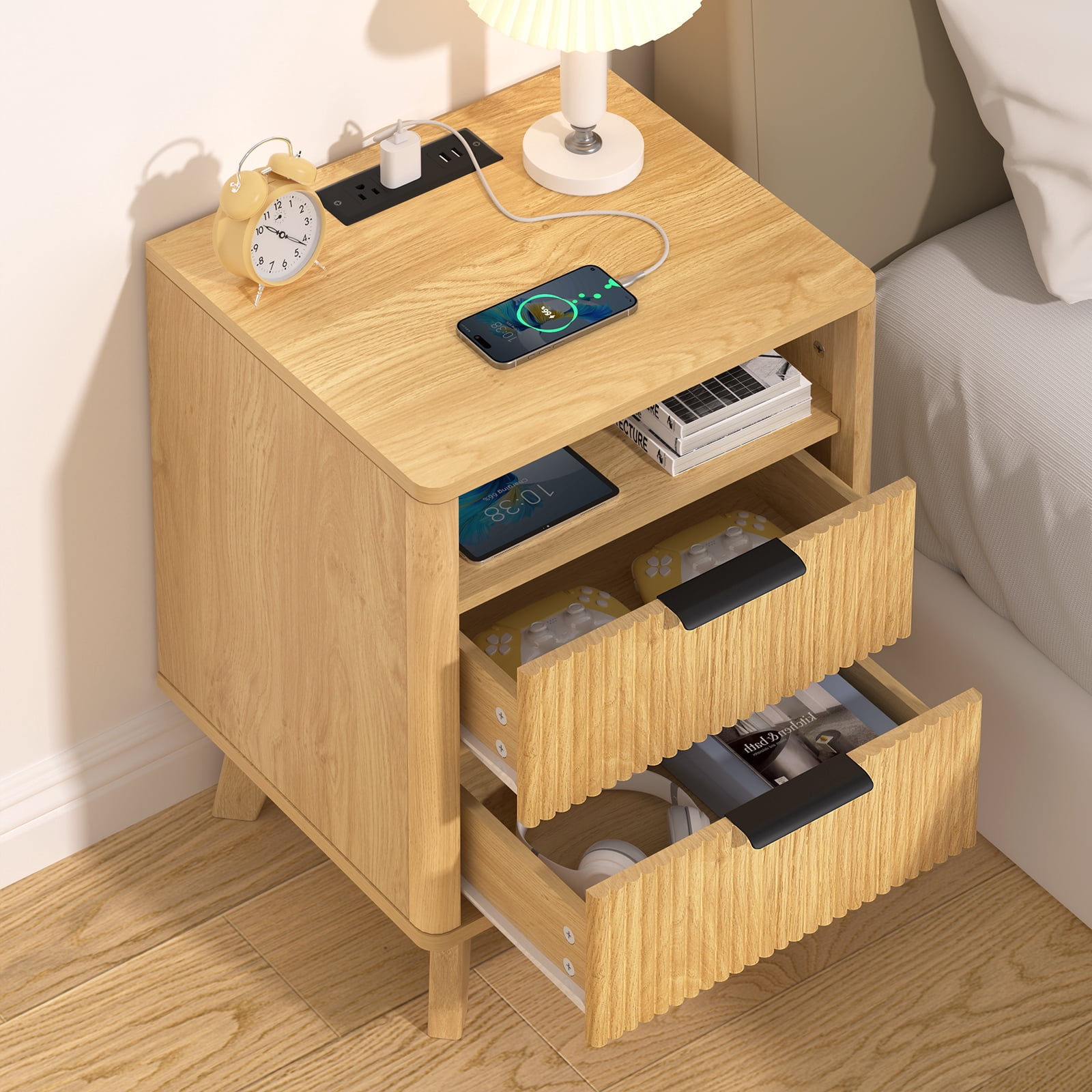 Hommpa 2 Drawers Fluted Nightstand with Charging Station, Modern Bedside Table End Side Table with Solid Legs for Bedroom Furniture Living Room Sofa, Night Stand with Storage Drawers and Open Shelf