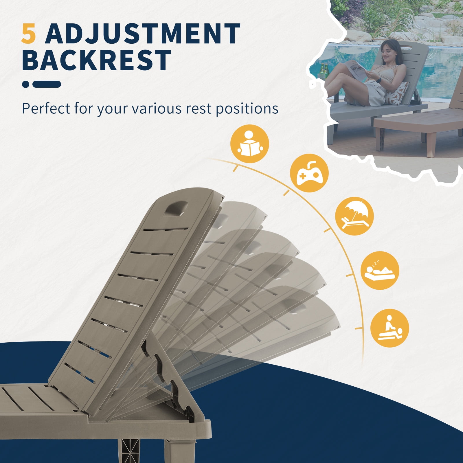 ELPOSUN Oversized Outdoor Chairse Lounge Chair, 5-Level Adjustment Backrest, Extra Widen Chaise with Cup Holder Easy Assembly for Pool Beach Garden