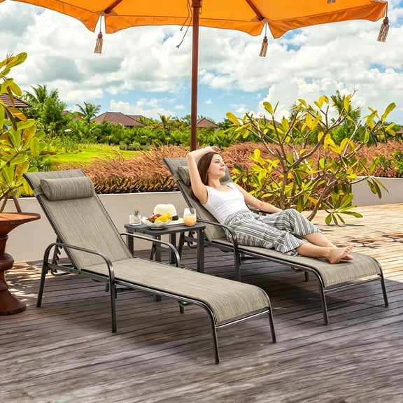 Pool Lounge Chairs Set of 2, UPHYB All-Weather Waterproof Upgraded Outdoor Chaise Lounge with Pillow and Adjustable Backrest for Poolside Beach Yard Balcony