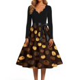 thumbnail image 4 of Women's Halloween Dress Spider Pumpkin V Neck 1950s Cocktail Retro Dress Long Sleeve Hepburn Classic Fall Tea Length Dress with Belt M, 4 of 5