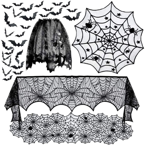 5 pack Halloween Decorations Tablecloth Runner Black Lace Round Spider Cobweb Table Cover Fireplace Mantel Scarf Spiderweb Fireplace Scarf Spider Lampshade with 16pcs Scary 3D Bat for Halloween Party