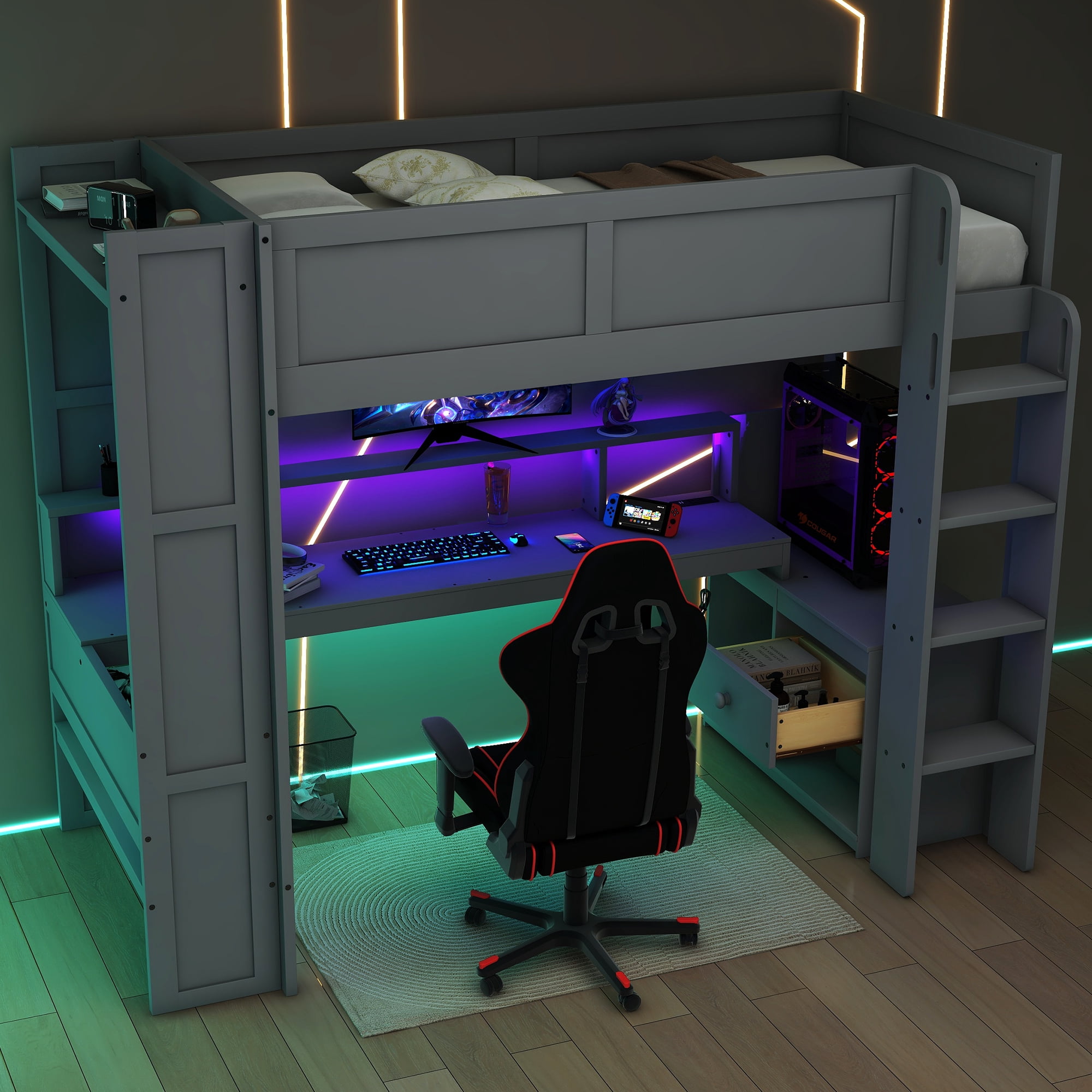 Euroco Wood Full Size Loft Bed Frame, Gaming Bed with Desk and Shelves, USB Charging Station and LED Light for Kids Teens, Dark Gray