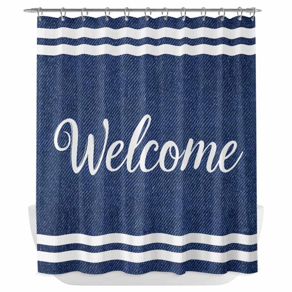 Navy Blue Welcome Shower Curtain - Water Repellent Fabric Shower Curtains Washable, Farmhouse Striped Modern Art Decorative Polyester Cloth Bathroom Curtains Modern Bath Decor 72"x84"