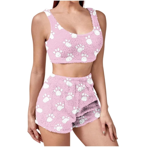 YUGYXL Women's Fuzzy Fleece Pajama Set Crop Tank Top and Shorts Loungewear Soft Plush Nightwear Set 2 Piece Pajamas Outfits Pink S