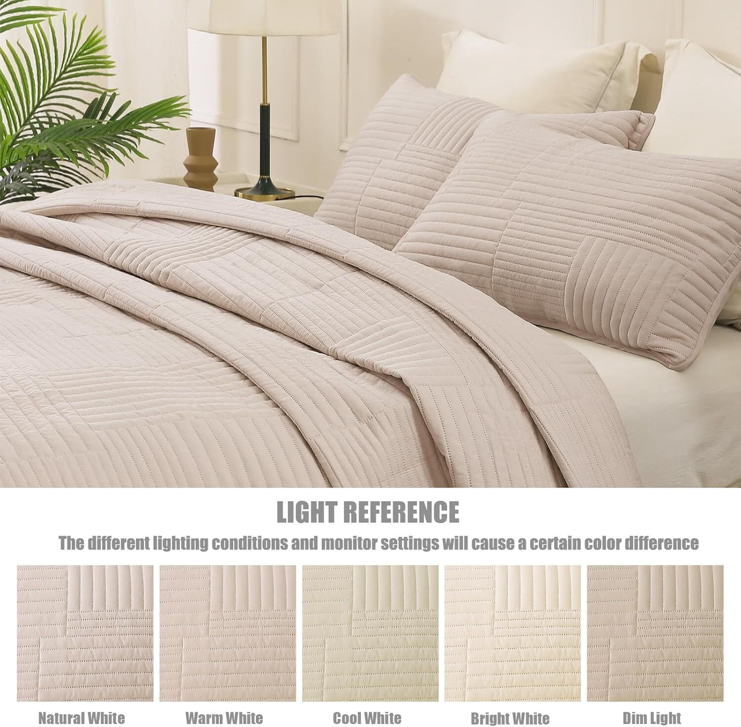 Whale Flotilla Queen Quilt Set, Soft and Lightweight Bedspreads Coverlet with Striped Pattern, Reversible Bedding Sets with Pillow Shams, 90x96 Inches, Brich Beige