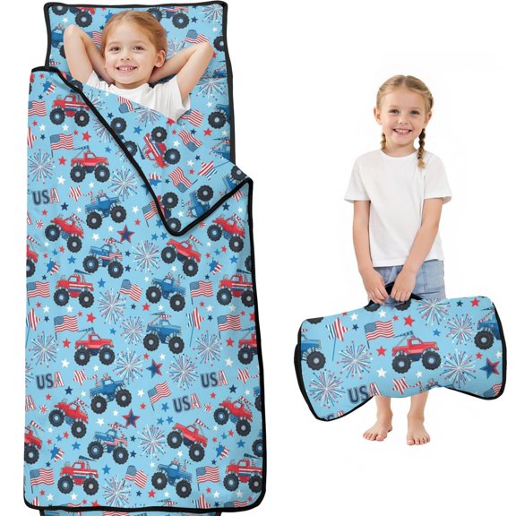 Monster Cartoon Truck Blue Pattern Teens Toddler Nap Mat with Pillow, Sleeping Mat Bag for Preschool Daycare 59"x22"