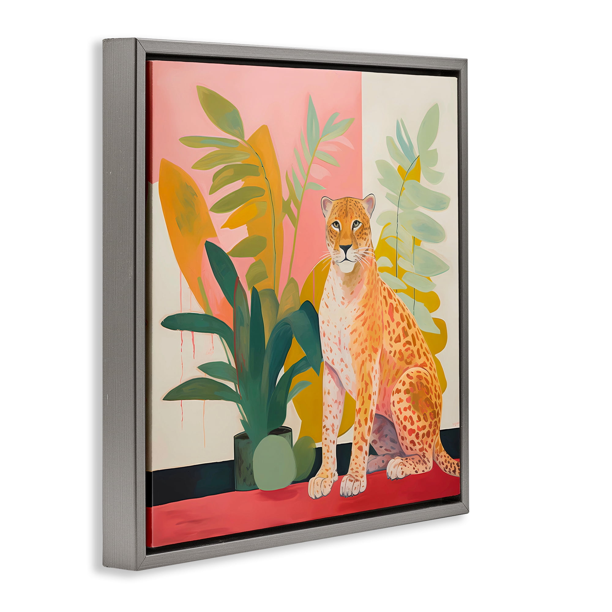 Stupell Industries Leopard Sitting with Plants Animals & Insects Painting Gray Floater Framed Canvas Art Print Wall Art, 18 x 18