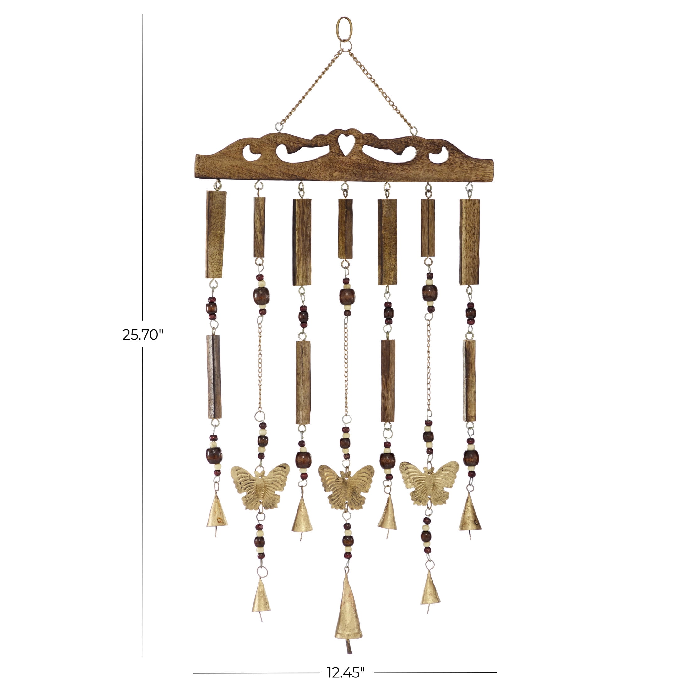 DecMode 26" Brown Wood Butterfly Windchime with Beads and Cone Bells
