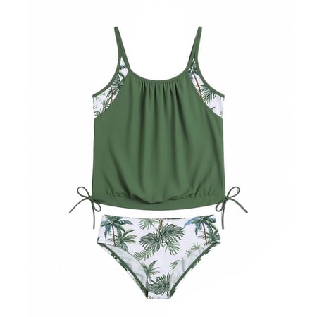 JAJAHO Tankini Swimsuits For Girl Kids 2 Piece Beach Outfits Thin Straps Tropical Floral Printed Swim Top Briefs Bottoms Bathing Suit Ages 5-14 Years Cute Swimwear