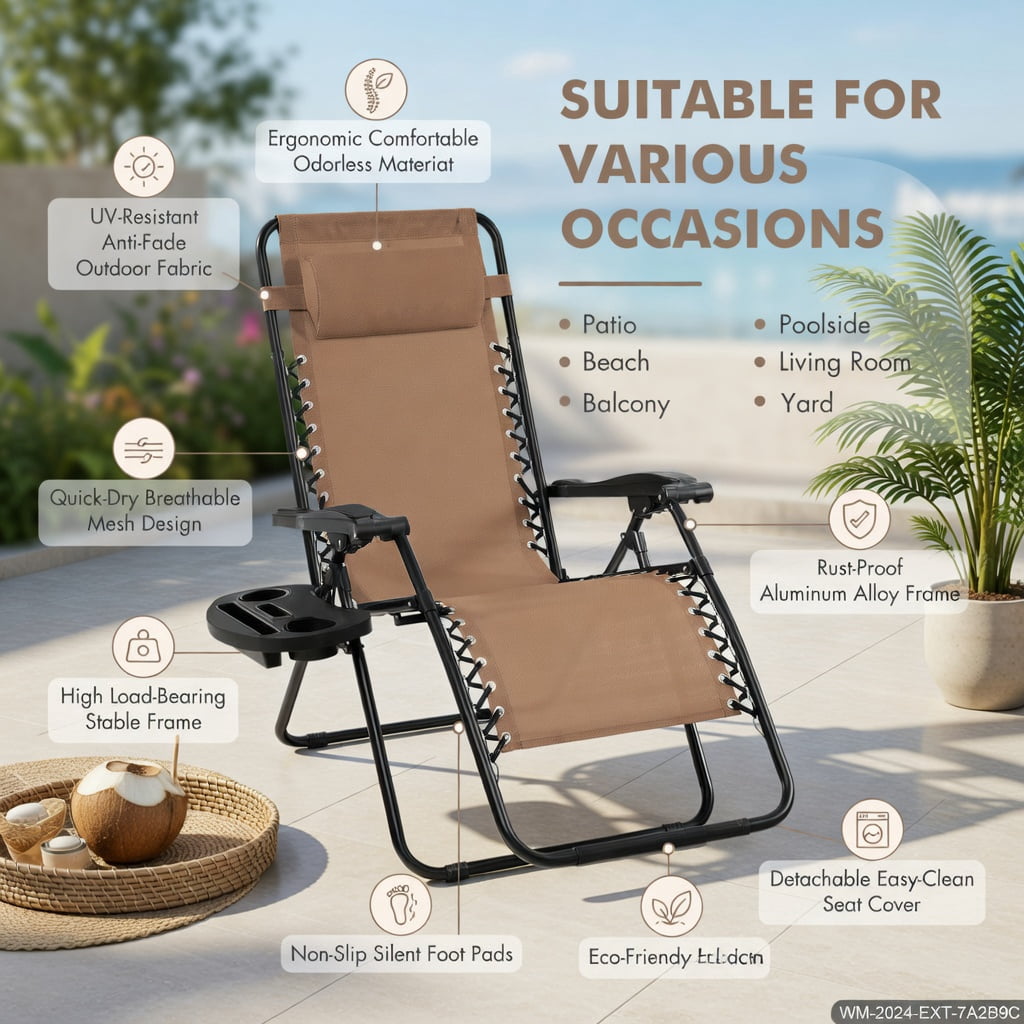 Hommoo Zero Gravity Folding Lounge Chair with Removable Tray, Outdoor Recliner for Back Relief, Beach & Patio, Beige