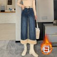 thumbnail image 3 of Pantalones vaqueros de terciopelo grueso para mujer, pantalones vaqueros de pierna ancha cálidos informales con costuras de lana de cordero de imitación, informales, de cintura alta, para invierno, 3 of 5