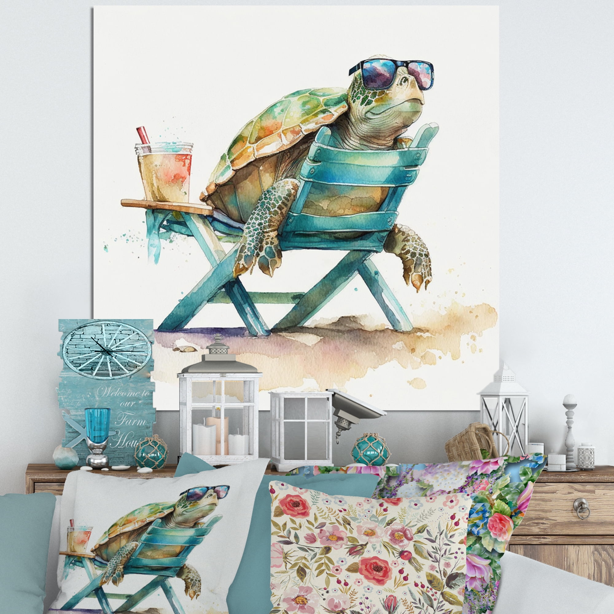 Designart Turtle Laying On A Beach Chair With Sunglasses III Canvas Wall Art
